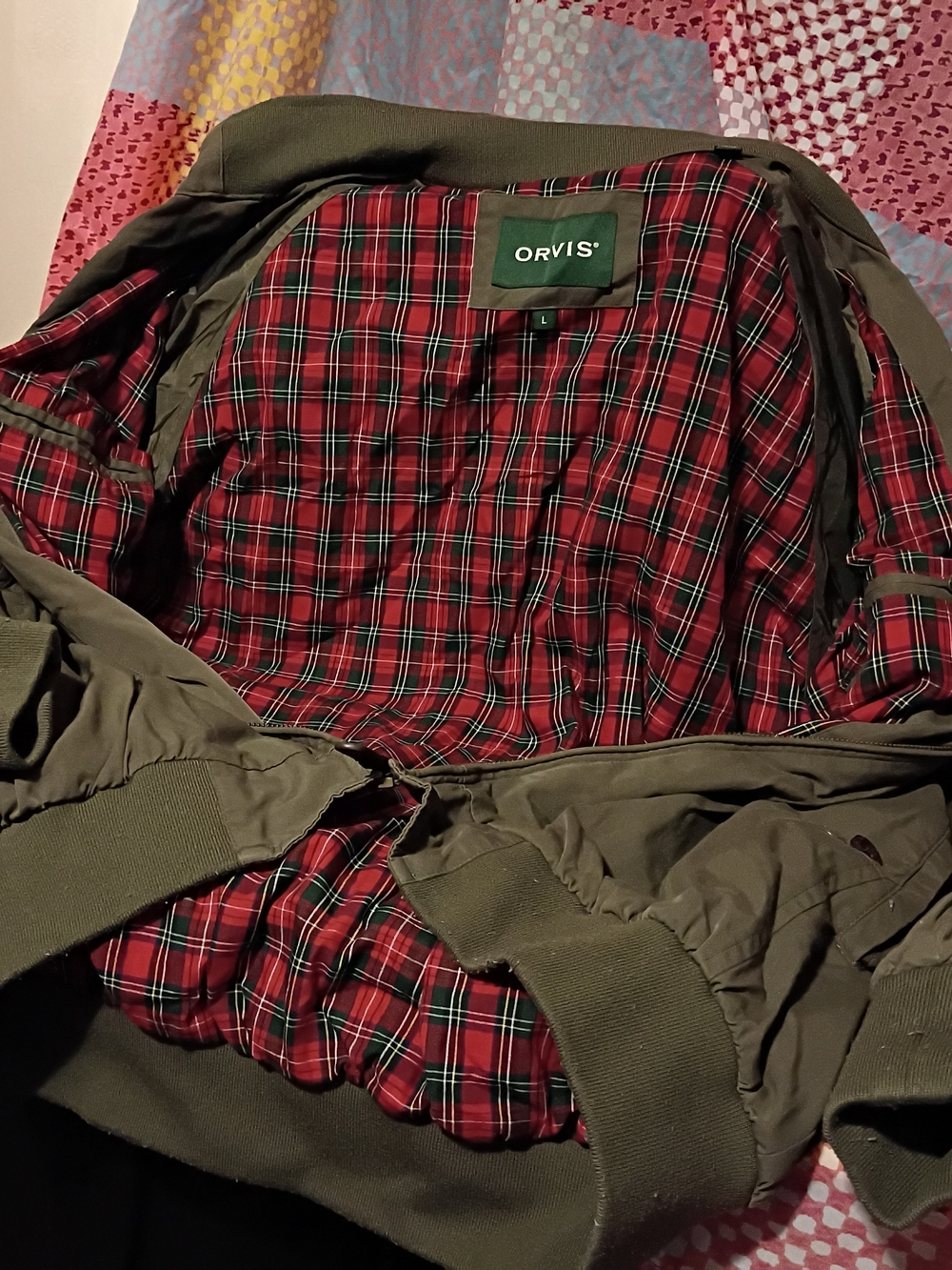 Orvis Men's Olive Green Bomber Jacket with Red Plaid Lining